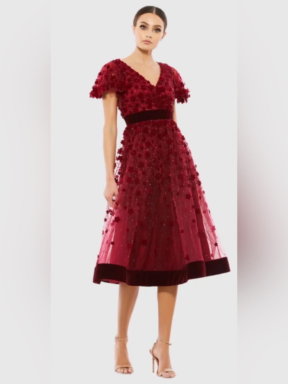 Mac Duggal Red Embellished Butterfly Sleeve Velvet Hem Midi Dress